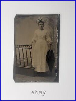 Tintype Black and White Photograph White Woman Fancy Dress and Hat 1860s Rare