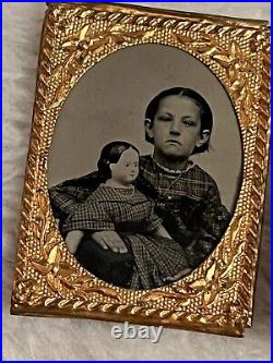 Very Rare Antique 1860s Tintype Photo Of Girl With Greiner Doll Gem Size