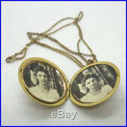 Vintage 10K Yellow Gold Engraved Round Locket Necklace Black & White Photographs