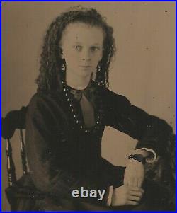 Vintage Antique Tintype Photo Beautiful Young Lady Teen Girl with Beaded Necklace