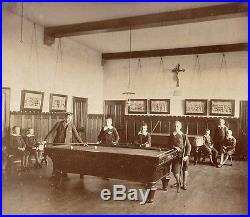 Vintage albumen photo billiard game Maredsous school Belgium ecole billard 1895