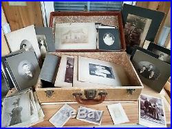 Vtg Lot of 70 Antique Assorted & CDV Photographs Collection with old suitcase k02
