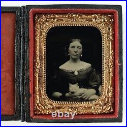 Woman Holding White Cat Ambrotype c1860 Antique 1/9 Plate Photo with Case D1935