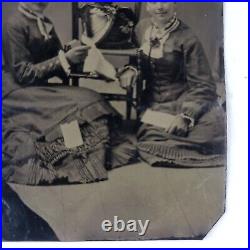 Young Women With Hats Opening Letter Tintype c1875 Antique 1/6 Plate Photo D480